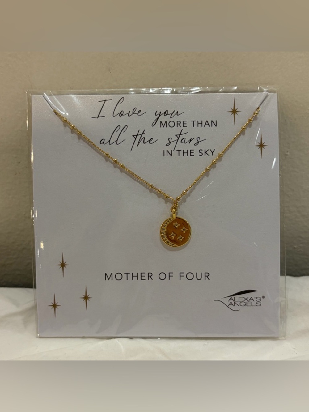NWT Alexa’s Angels - Mother Of Four - Moon and Four Star 16 Inch Necklace